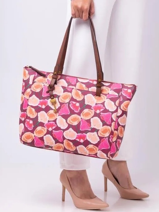 Fossil Handbags - Fossil Pink Rachel Floral Print Tote with Brown Leather Straps, gold key